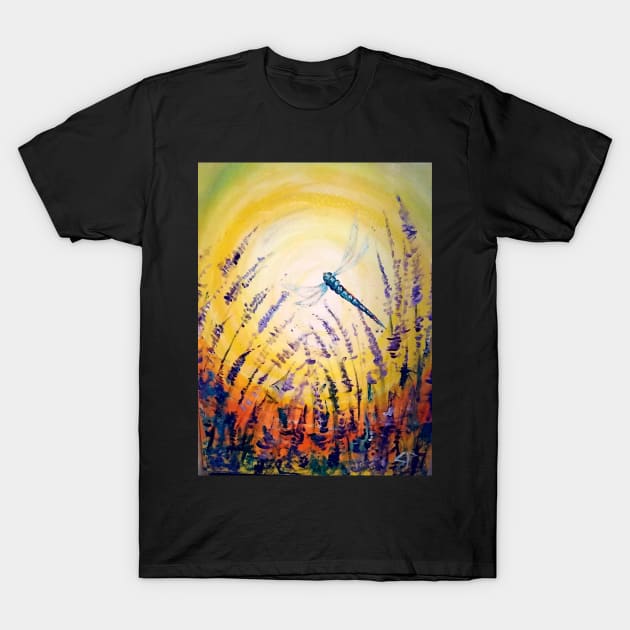 Lavender Dragonfly Sunrise T-Shirt by saraperry